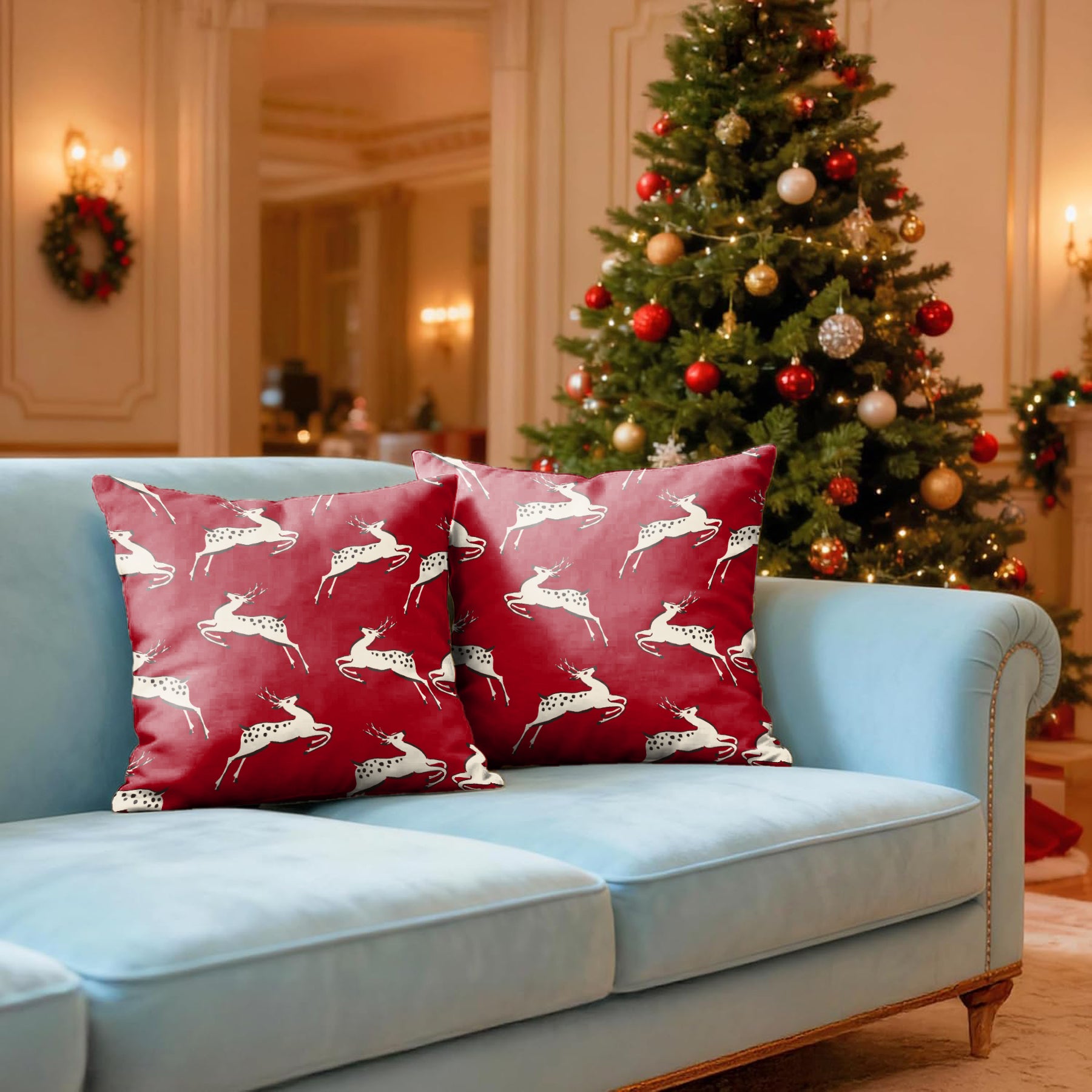 CHRISTMAS RUNNING DEER PATTERN CUSHION COVER (Pack of 2)