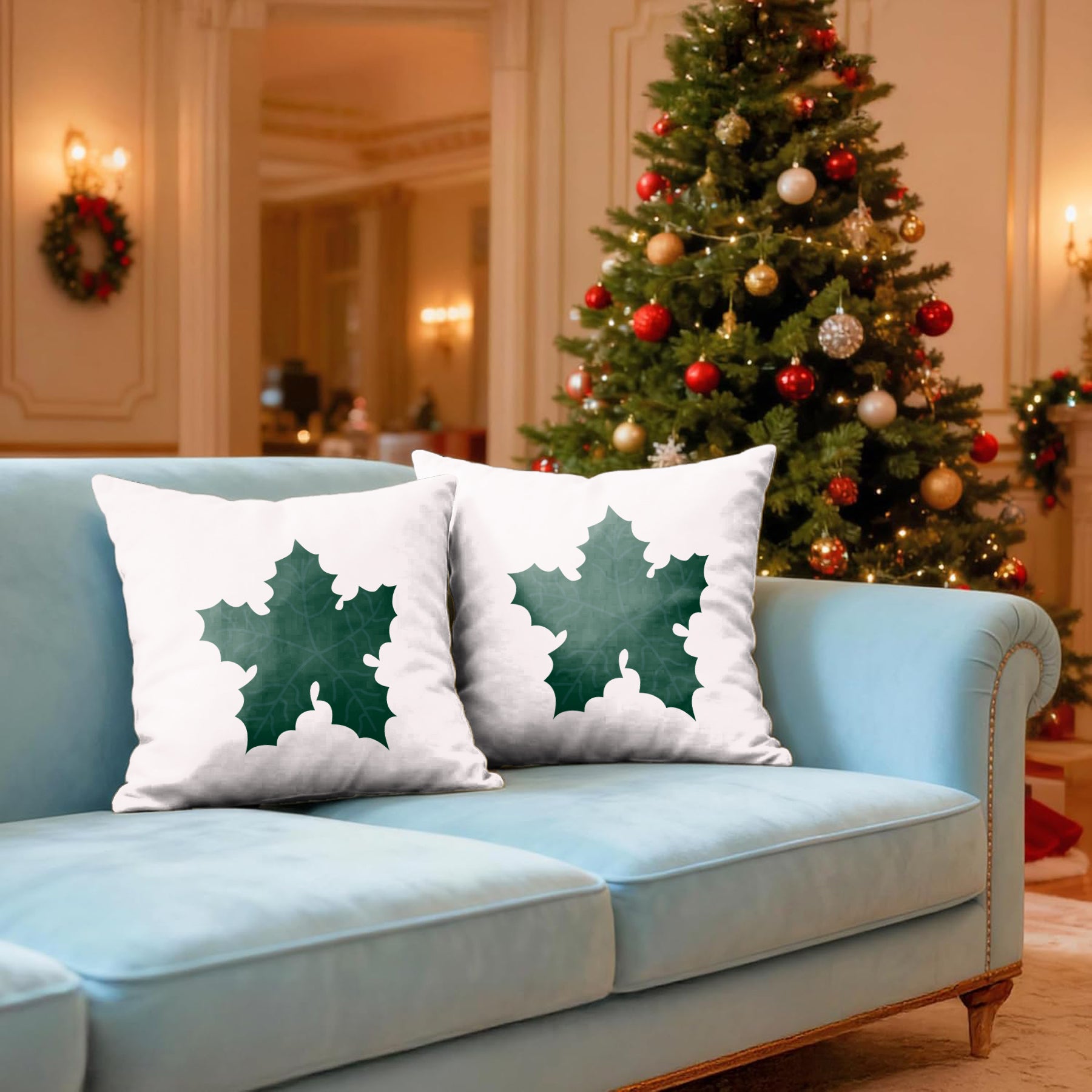 CHRISTMAS GREEN HOLLY LEAF MINIMAL CUSHION COVER (Pack of 2)