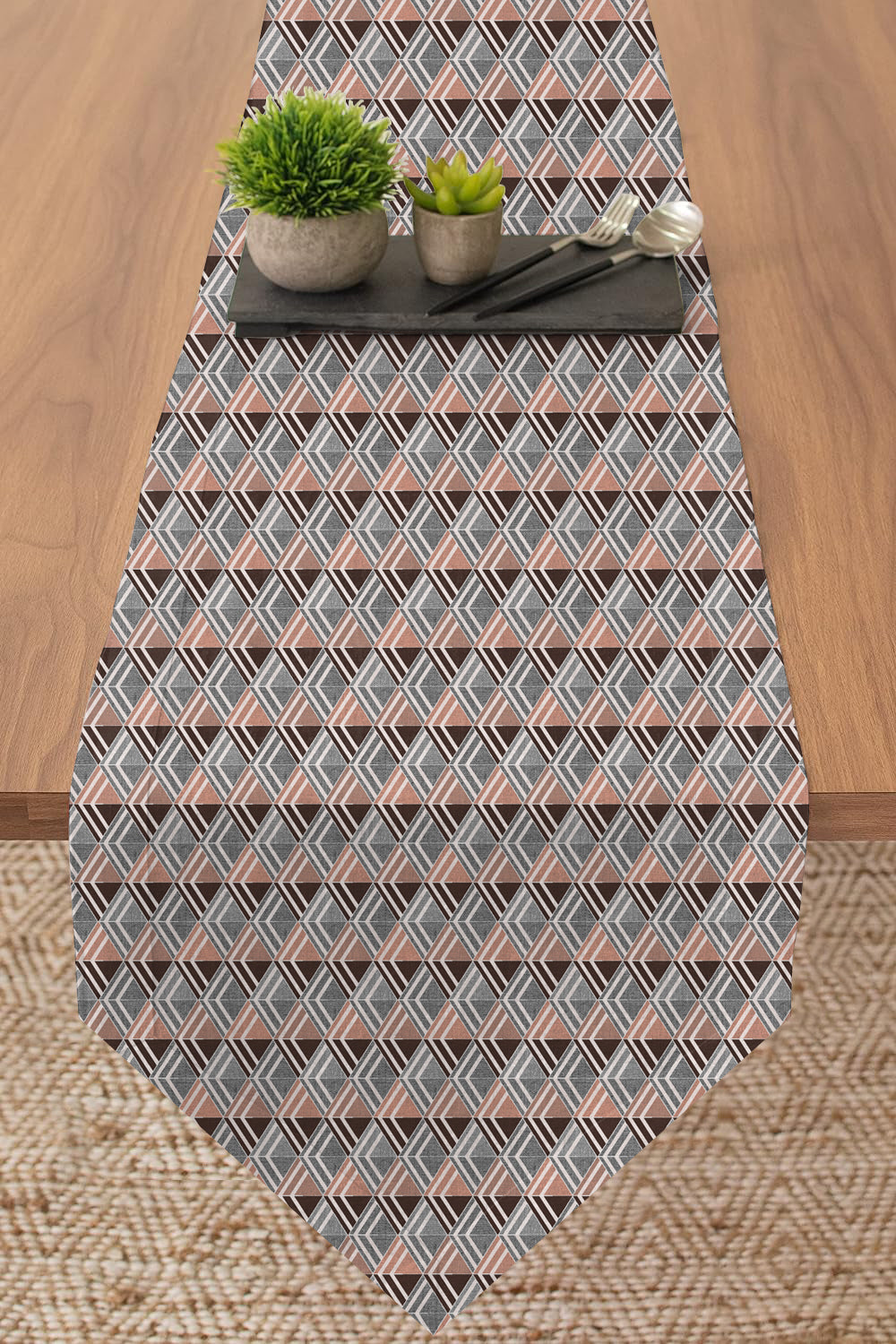 tablerunner1_9727e96e-b6ad-4c61-a842-9a745d68632a.jpg ILLUSION TABLE RUNNER MULTI TRIANGLE TERRACOTTA/COFFEE MATTY (12X72 INCH) DIGITAL PRINTED